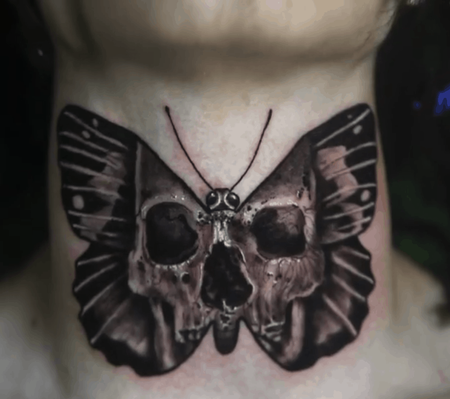 Butterfly skull neck tattoo men