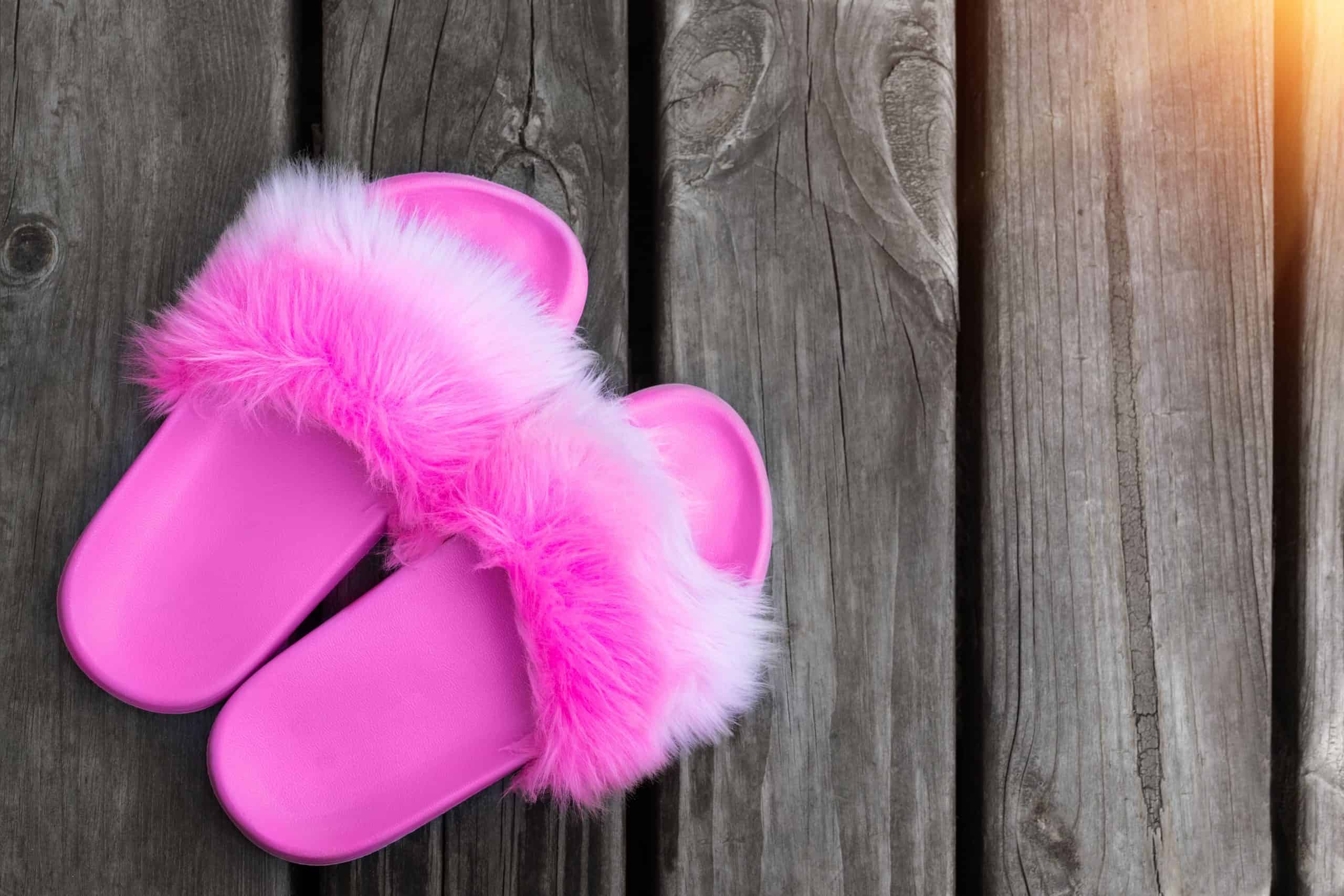 pink fuzzy slide sandals