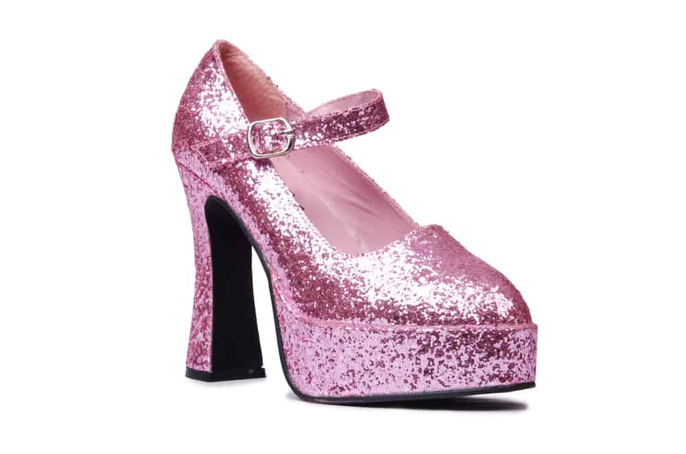 pink glitter platform heels on a white background