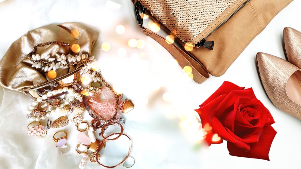 shoes, bag, and jewelry for winter wedding