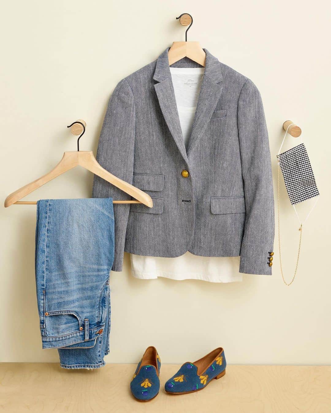 Blazer, tee, jeans, and loafers