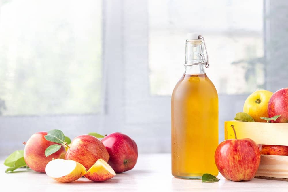 a bottle of apple cider vinegar along with some apples