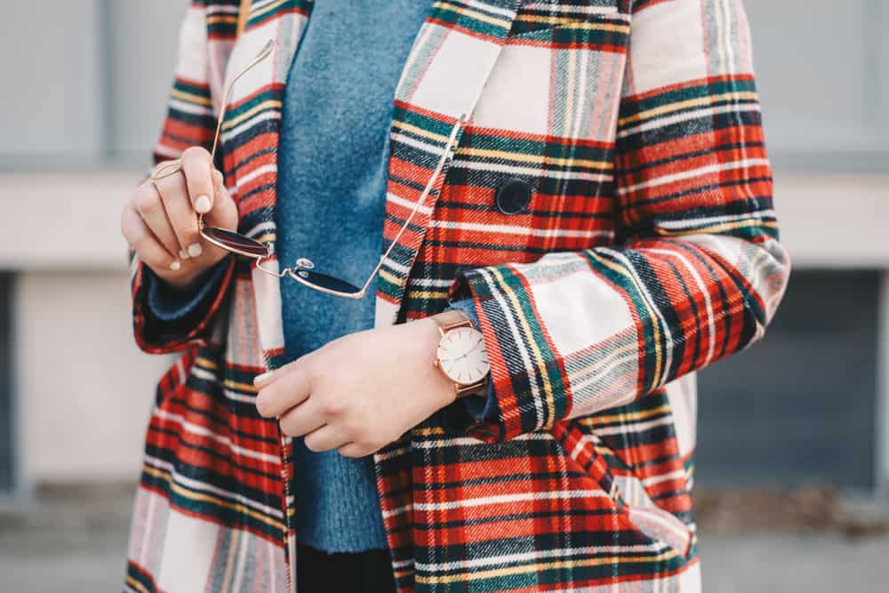 closeup of woman in classic cozy clothes