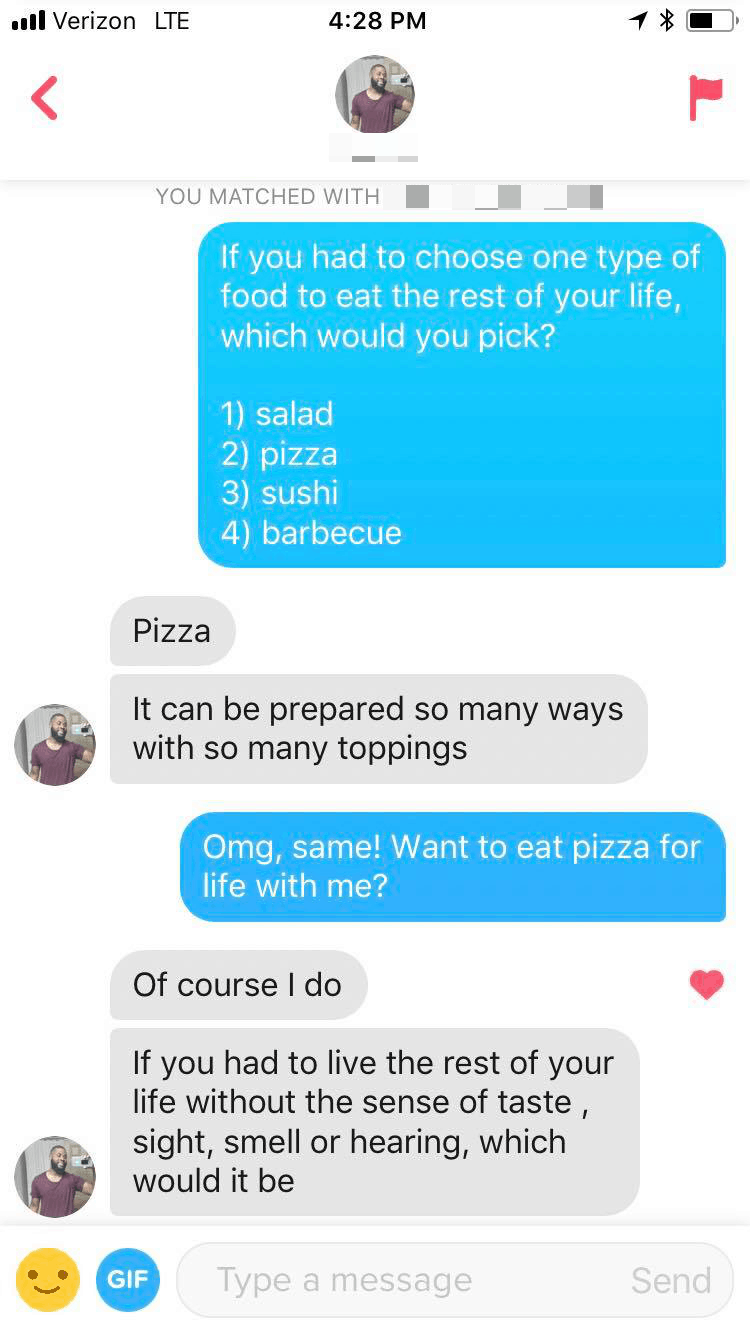 a Tinder conversation about what food to eat for the rest of your life if you had to choose