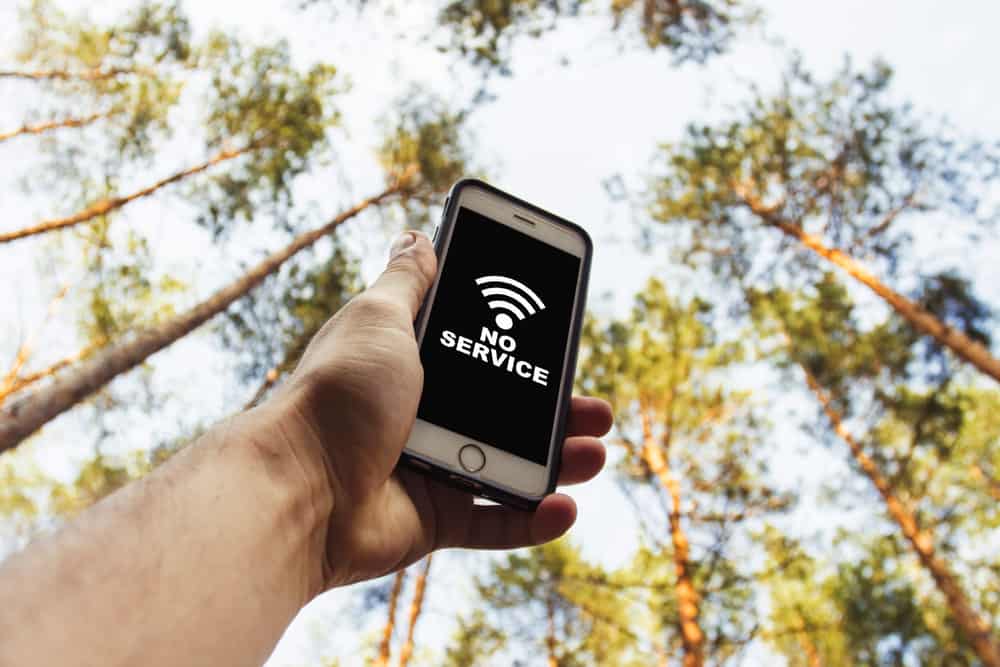 a hand holding a phone that says “NO SERVICE” with pine trees in the background